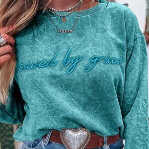 B330 Sea Green saved by grace Letter Embroidery Mineral Wash Loose Sweatshirt